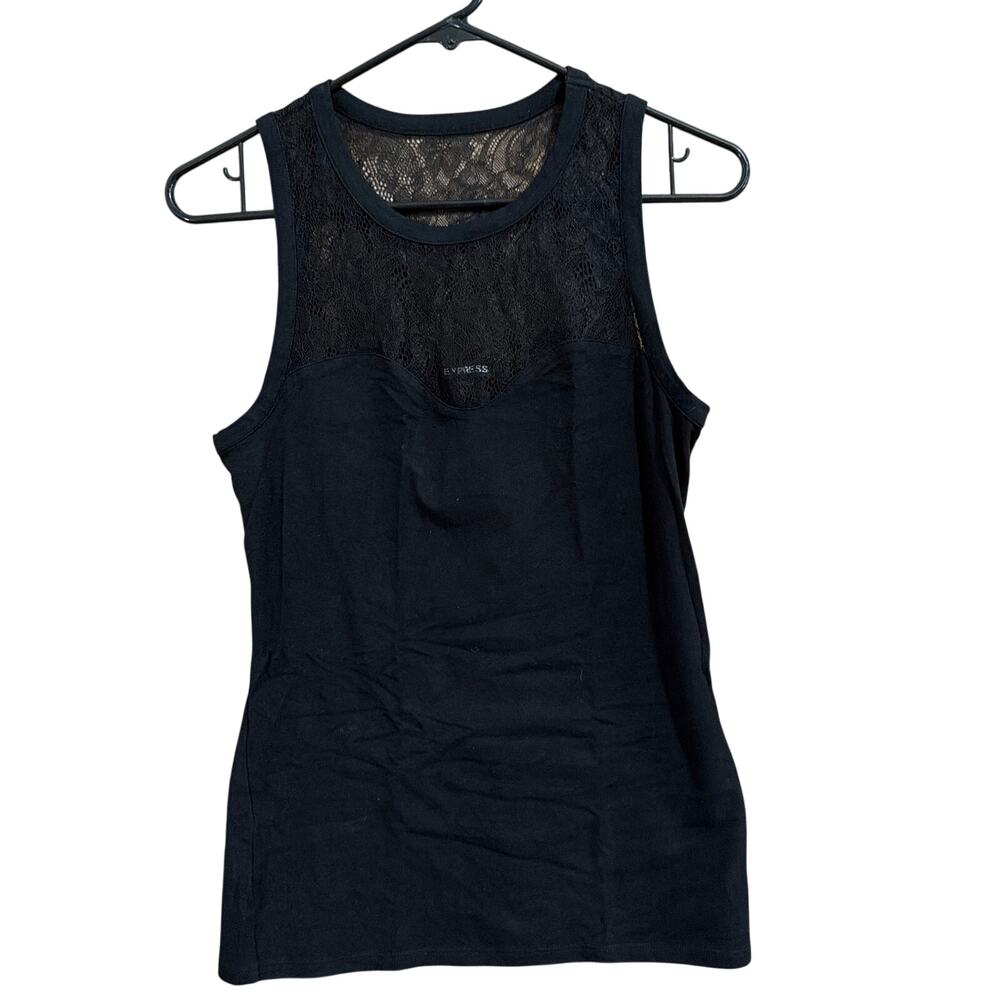 Express Womens Blouse Black Lace Yoke Front Fitted Sleeveless Stretch Small